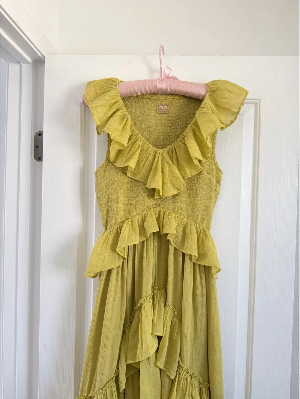 Free-est (Free People) Chartreuse Ruffle Smocked High-Low Maxi Dress | Size XS